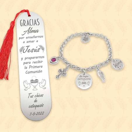 Regalos para catequistas - Pack marcapáginas y pulsera personalizados