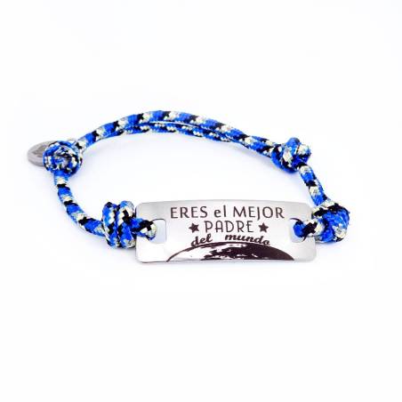 Pulsera de acero con mensaje para el día del padre Eres el mejor padre del mundo con cordón náutico azul.