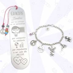 Regalo original para profesora. Pulsera y marcapáginas.