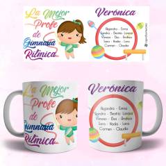 Taza Regalo para profesora de gimnasia rítmica con los nombres de los alumnos.