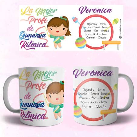 Taza Regalo para profesora de gimnasia rítmica con los nombres de los alumnos.