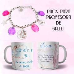 Pack Regalo para profesora de ballet con los nombres de los alumnos. Pulsera y Taza personalizada.
