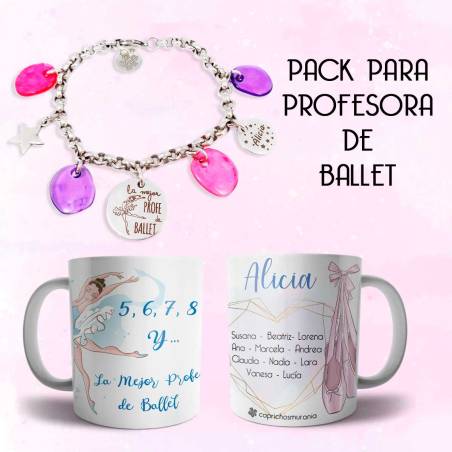 Pack Regalo para profesora de ballet con los nombres de los alumnos. Pulsera y Taza personalizada.