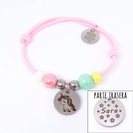 Pulsera elástica para niña con unicornio en acero personalizada.