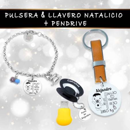 Pack Regalo Padres Primerizos Natalicios - Pulsera, Llavero y pendrive