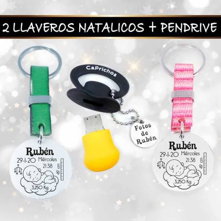 Pack Regalo Padres Primerizos Natalicios - 2 Llaveros y pendrive