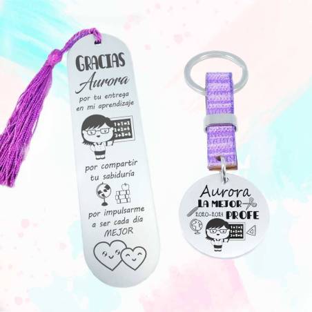 Regalos para profesores personalizados. Marcapáginas y llavero para profesora