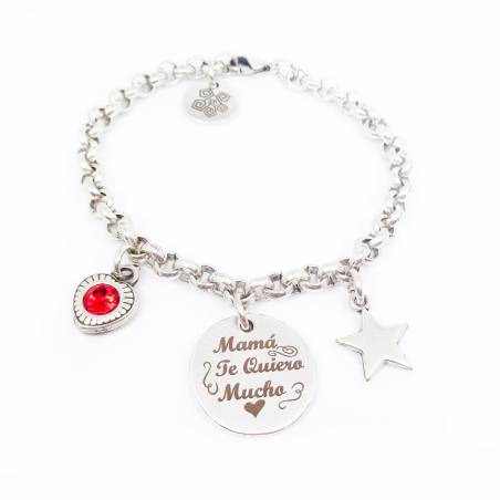 pulsera mamá te quiero mucho con corazón rojo y estrella de zamak baño de plata